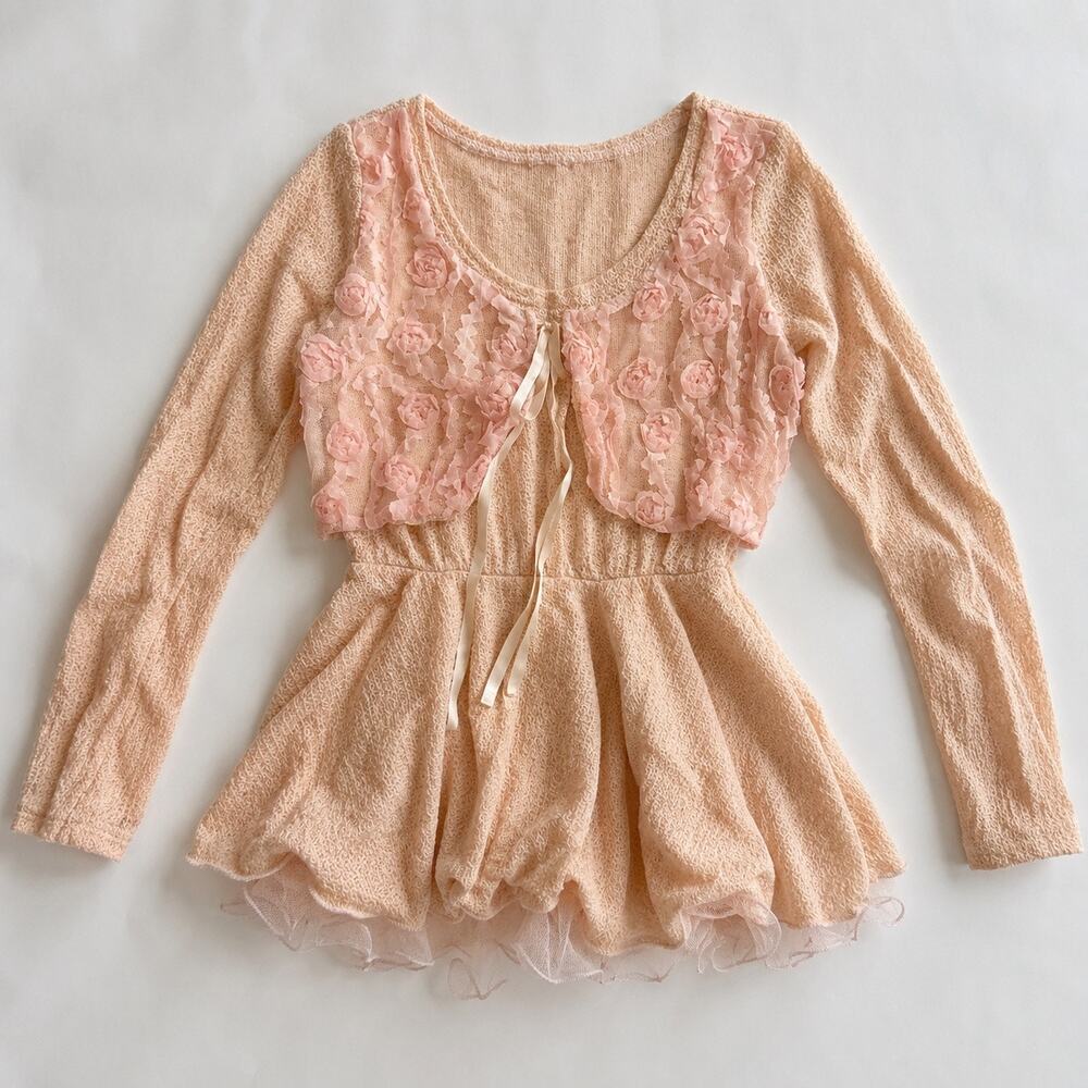 Vintage Blush Pink Lace Rosette Ribbon Long Sleeve Top Fairy Coquette